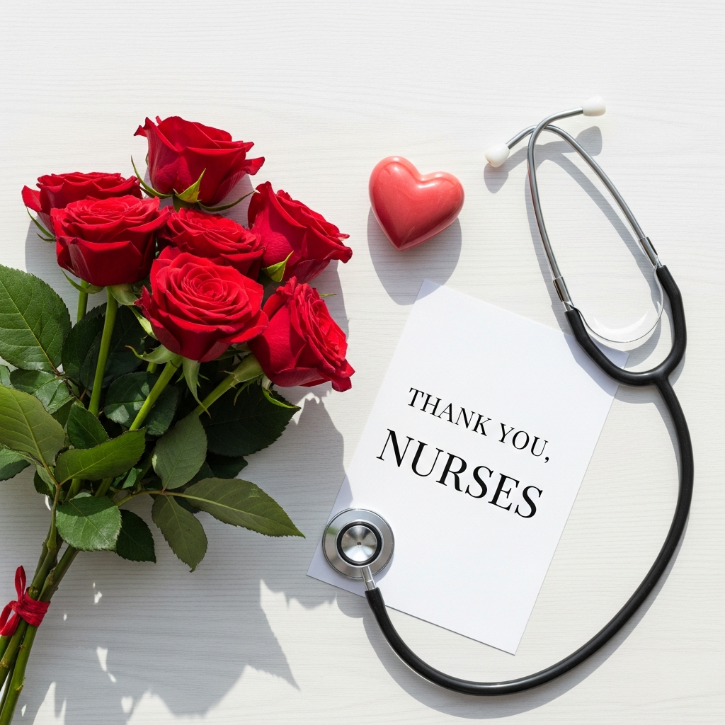 “International Nurses Day 2026 celebration, thank you nurses message with roses and stethoscope, healthcare appreciation theme