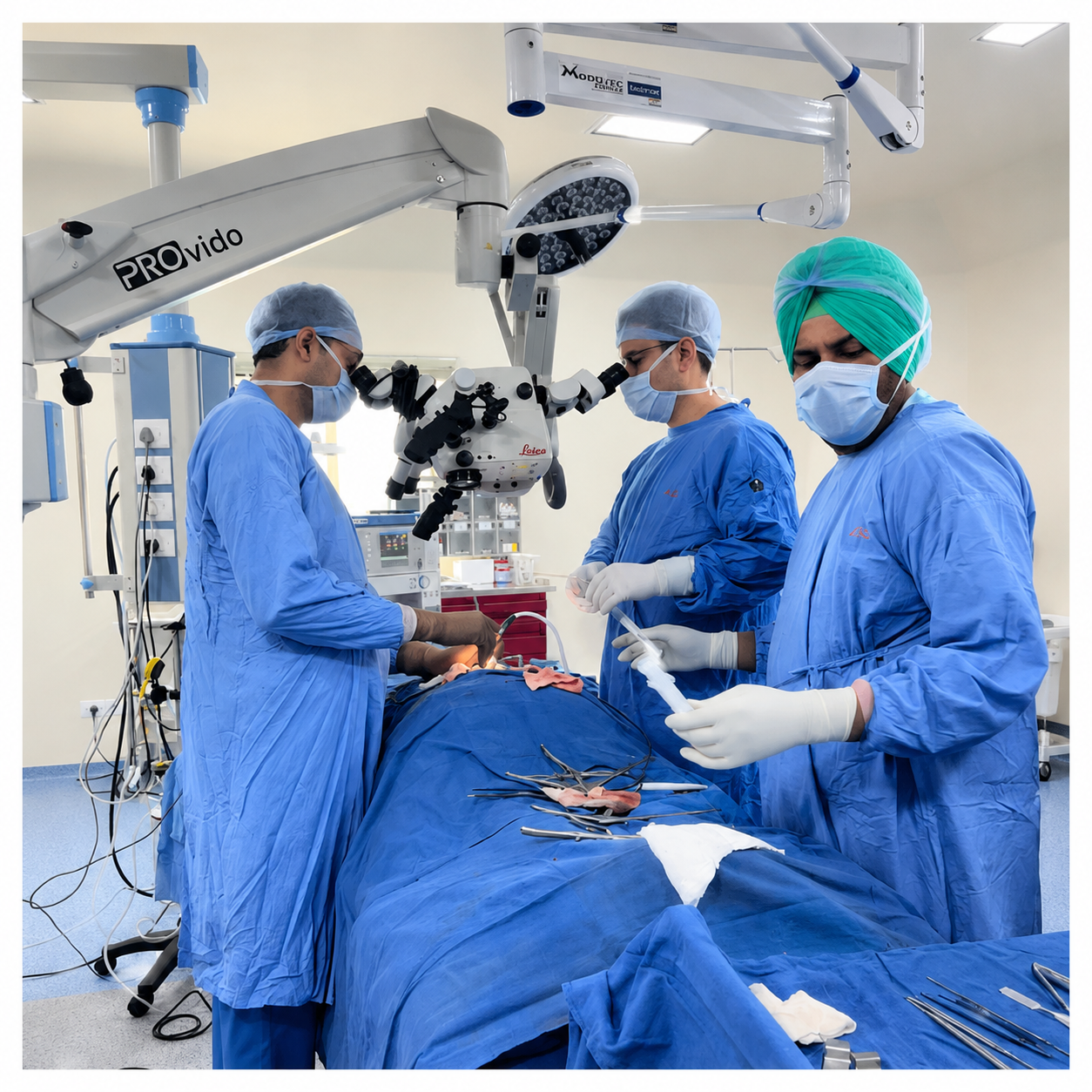 Expert neurosurgeons performing brain tumor surgery in modern operation theatre