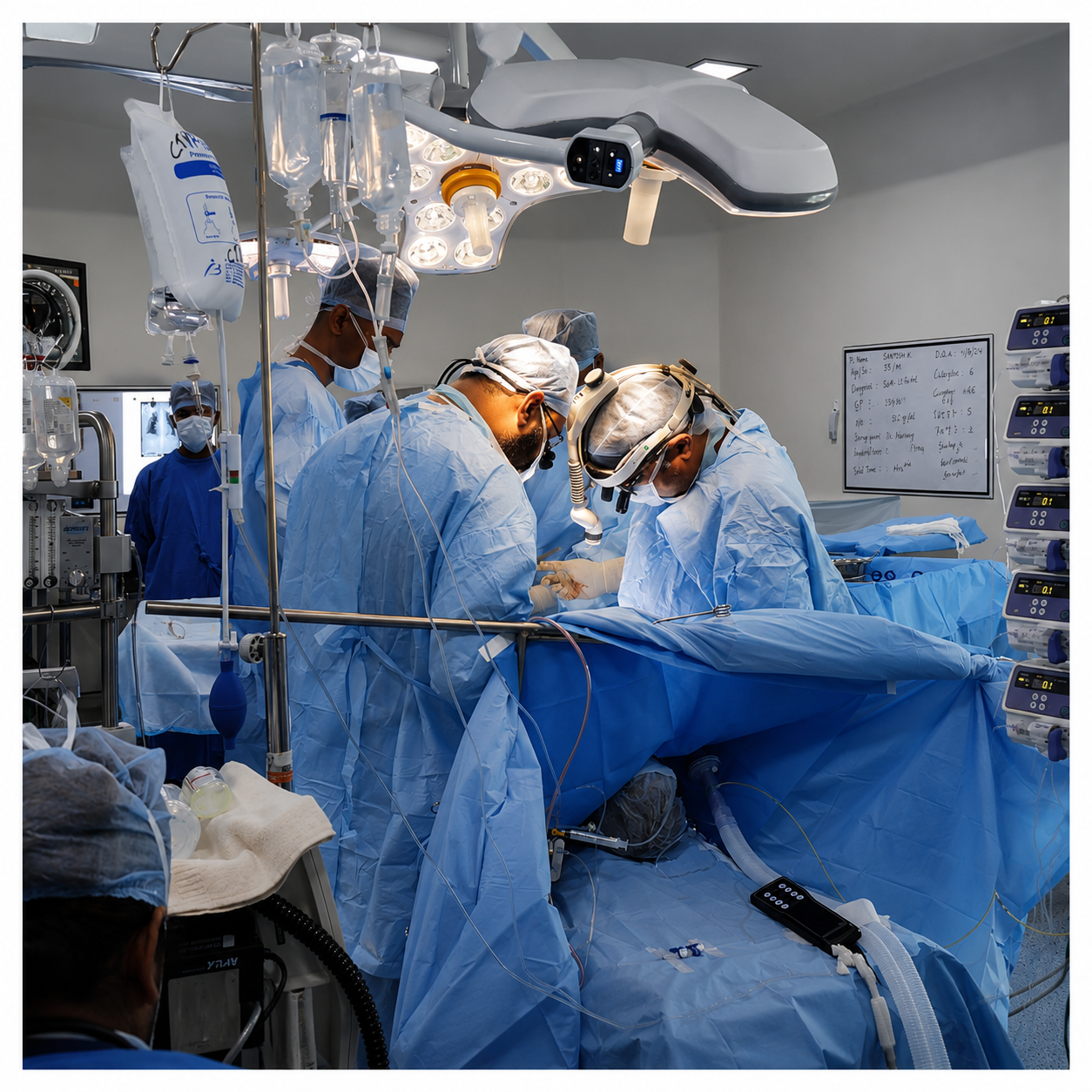 Neurosurgeons performing brain tumor surgery in advanced operation theatre