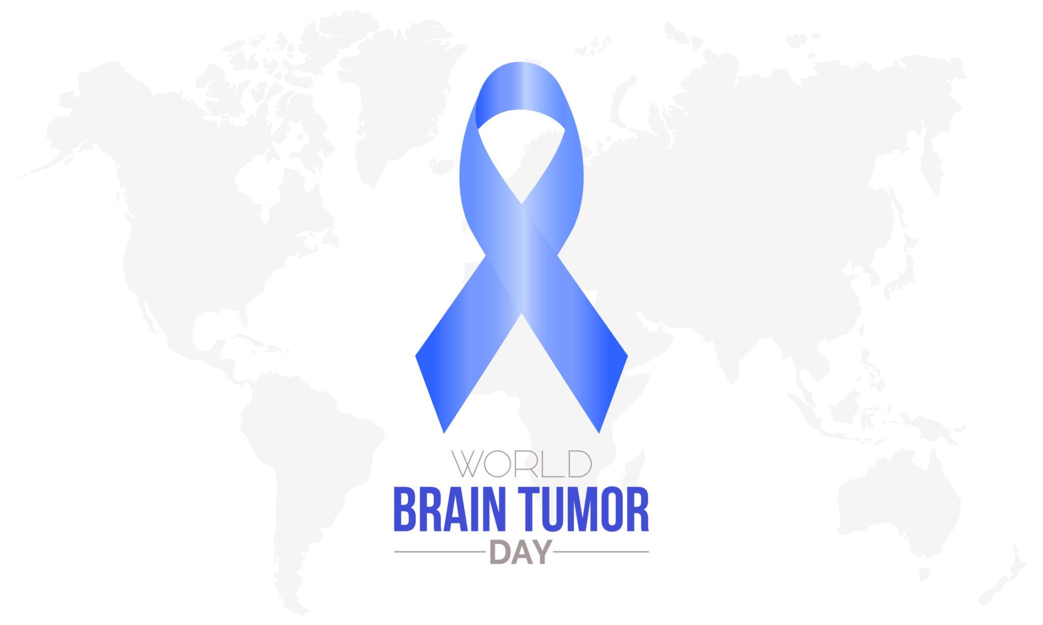 World Brain Tumor Day awareness ribbon with global map background representing brain tumor awareness, patient support, and research initiatives worldwide